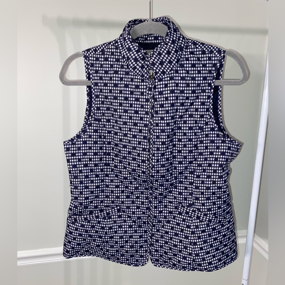 Talbots navy blue vest jacket size sp small petite gingham polka dots wh…